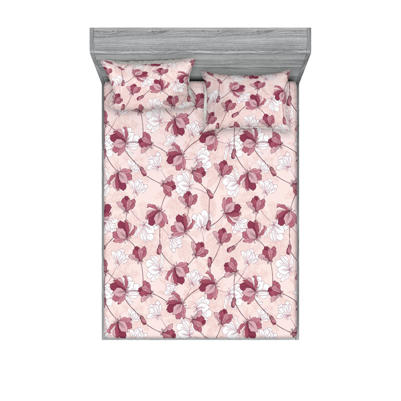 Ambesonne Fitted Sheet & Shams 3 Pcs Spring White Asters Calking Pistachio Green Mustard, Full Sheet Set with 2 Pillowcases
