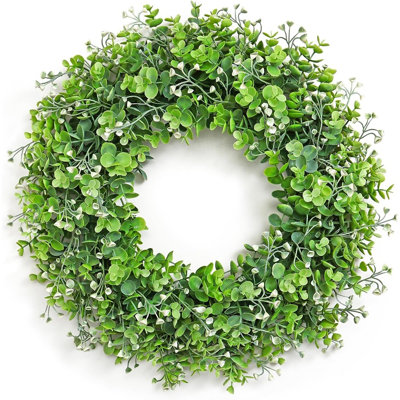 Couronne de porte en bois de buis artificiel et eucalyptus