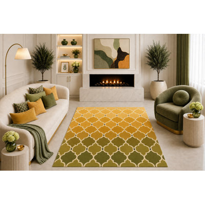 Tapis ultra-léger 152 x 213 cm (5 pi x 7 pi) couleur moutarde et olive, motif géométrique marocain en treillis, idéal pour le salon, la chambre ou la salle à manger. Dos en silicone antidérapant. Poils courts.