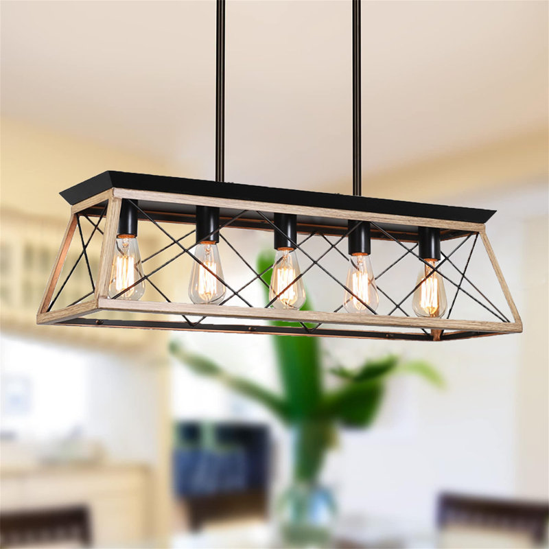 Luminaire suspendu linéaire en métal 5 lumières Deizel, Noir/chêne