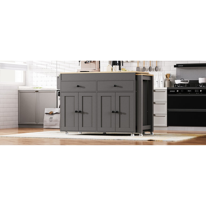 Îlot de cuisine roulant gris avec 2 tiroirs et table de rangement stable avec 7 roues universelles amovibles