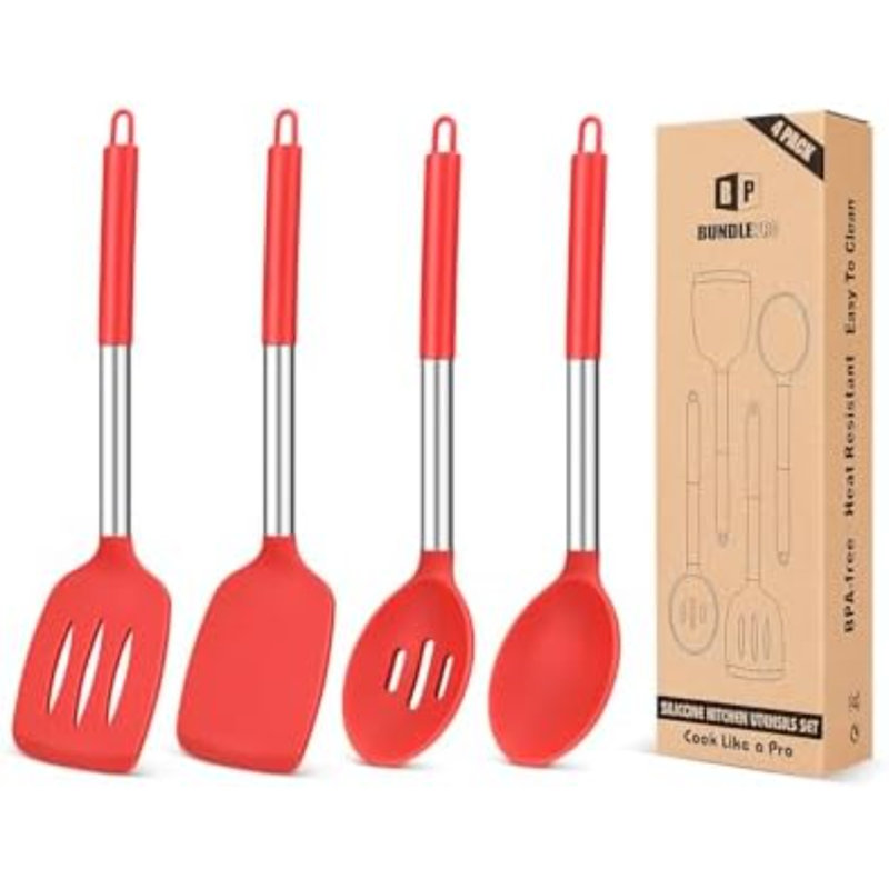 Pack of 4 Silicone Cooking Utensils Set, Non Stick Large Solid Spatulas, Heat Resistant Slotted Spoons, Ideal BPA Free Kitchen Turners for Frying, Mixing,Serving,Draining,Turning,Stirring (RED)