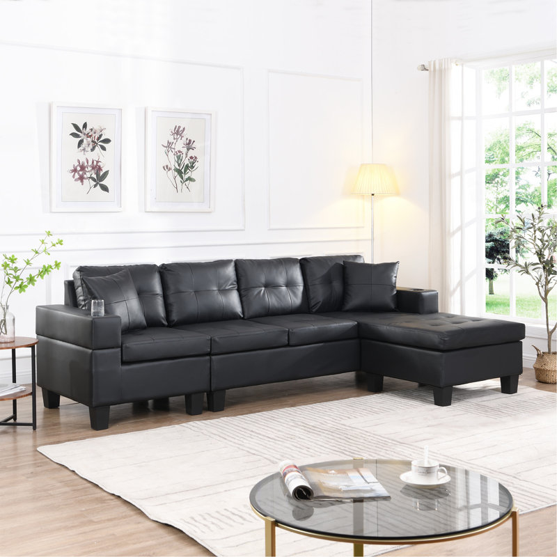 Ensemble de canapé modulaire pour salon avec méridienne en L, porte-gobelet et méridienne moderne à gauche ou à droite (noir)