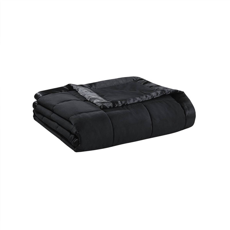 Couverture légère en duvet synthétique avec bordure en satin noir très grand, Très grand lit, Noir