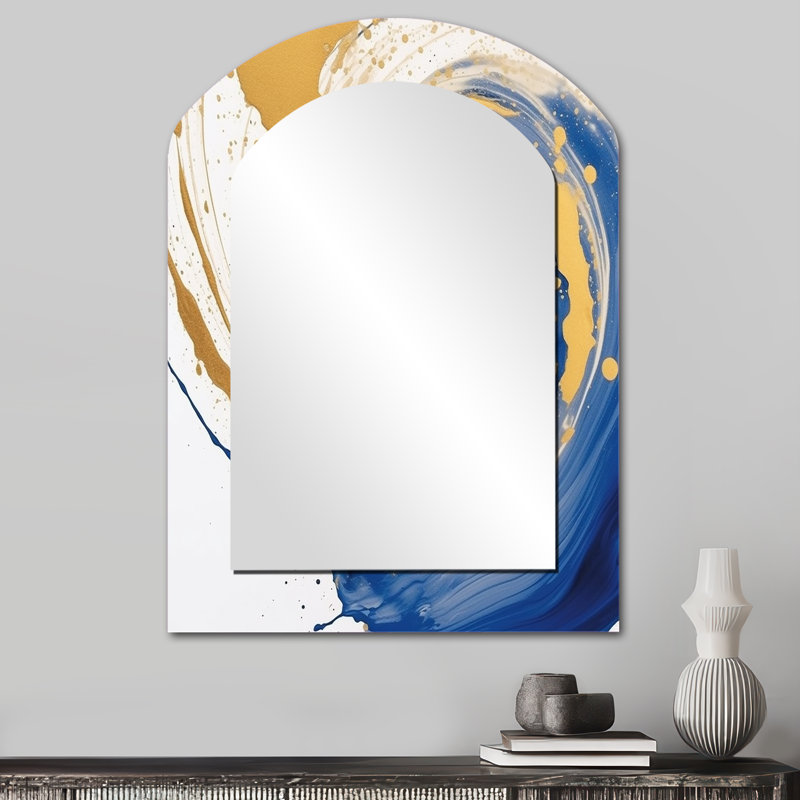 Lunaire bleu foncé et or Spiral III - abstrait miroir en spirale, miroir décoratif asymétrique bleu, 34 po x 25 po