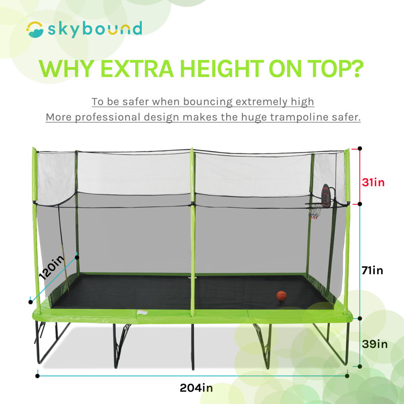 Trampoline de jardin rectangulaire de 10 pi x 17 pi avec enceinte de sécurité SKYBound - vert