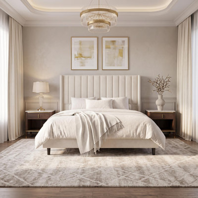 83.1"L x 77.6"W x 52"H King Bed Frame with Velvet Headboard and Charging Station, Diamond Tufted Striped High Back Platform Slat Support for Bedroom Living Space, Cream