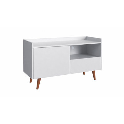 Meuble télé moderne pour téléviseurs jusqu'à 45 pouces, centre multimédia avec porte, tiroir, tablette ouverte et système de gestion des câbles, blanc