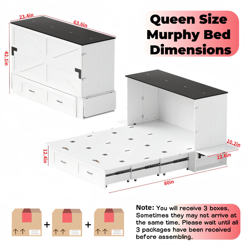Queen Murphy Bed Cabinet with Charging Station & Large Storage Drawer, Foldable Panel Design, Hidden Space, Space-saving Cube Cabinet Bed Frame for Guest Room, Living Room, Office (No Mattress Included)