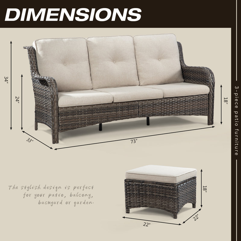 Ensemble de conversation d'extérieur 3 pièces en osier avec coussins Anahit, Beige