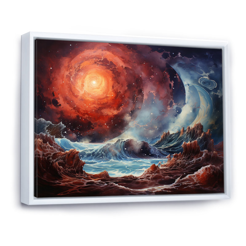 Planète Jupiter orageuse I - reproduction sur toile, Cadre flottant blanc, H 34 po x l 44 po x P 1,5 po