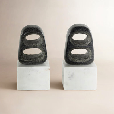 Landrie And Grey Marble Cutout Oval Geometric Bookends With White Block Base
