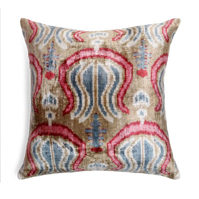Taupe Blue Red Silk Velvet Pillow – 20X20 Handmade Ikat Luxury Cushion