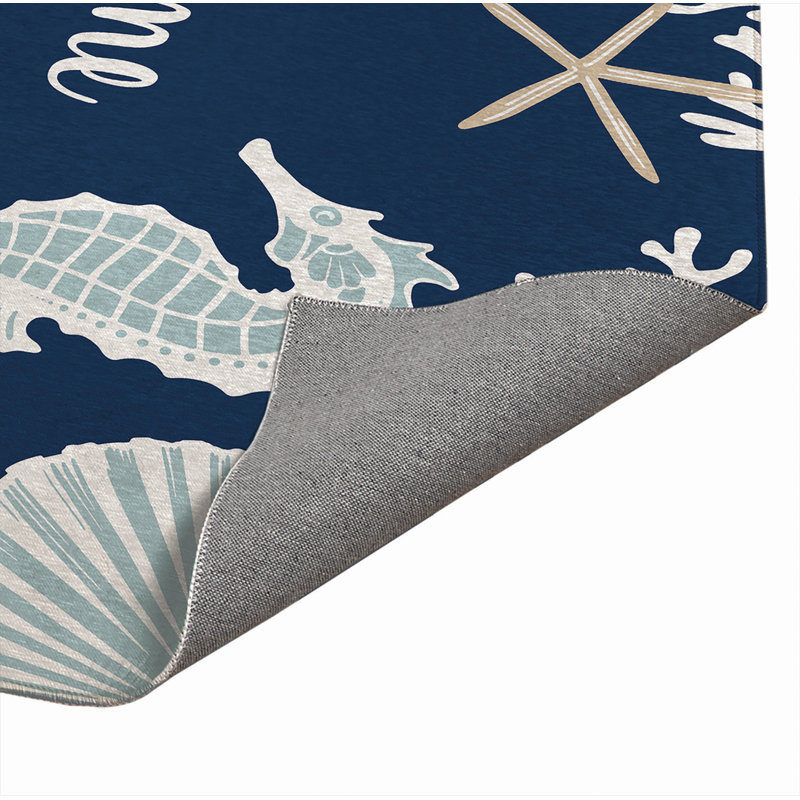Coral & Seahorse Welcome Indoor Doormat, 24" W x 36" L, Navy