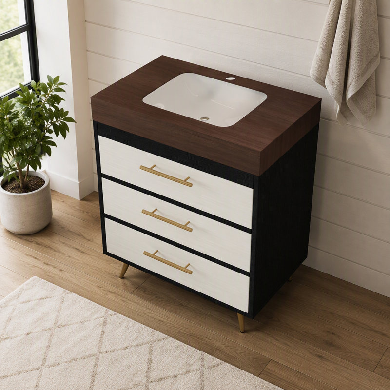 Meuble-lavabo autoportant moderne avec lavabo vasque en céramique et plateau en pierre frittée durable, Black; White, Walnut