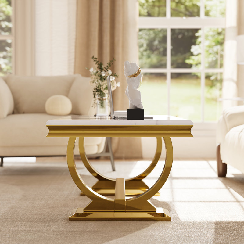 Table basse 48 po blanche et dorée, table basse rectangulaire moderne avec piédestal en miroir en acier inoxydable, table centrale luxueuse en faux marbre doré pour le bureau du salon