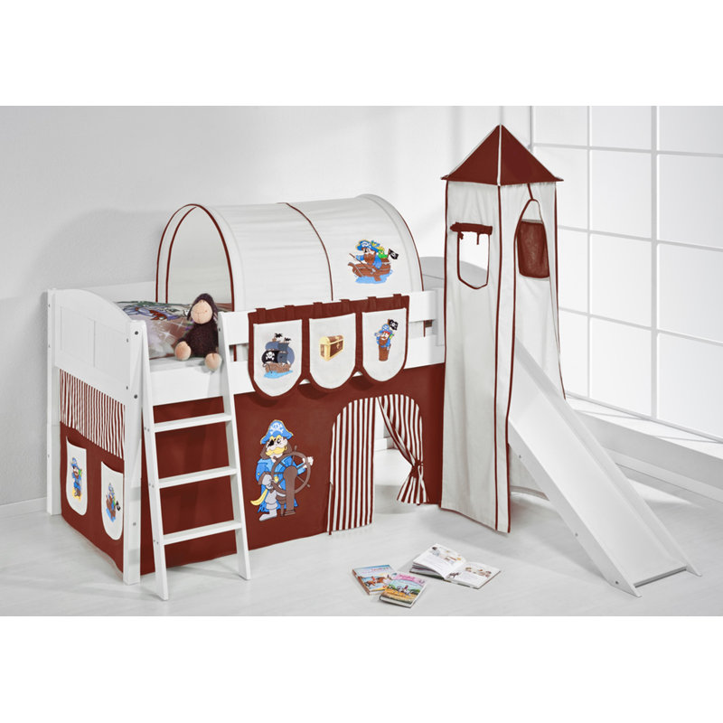 Pirat European Single (90 x 200cm) Mid Sleeper Bed with Curtain, Brown and beige