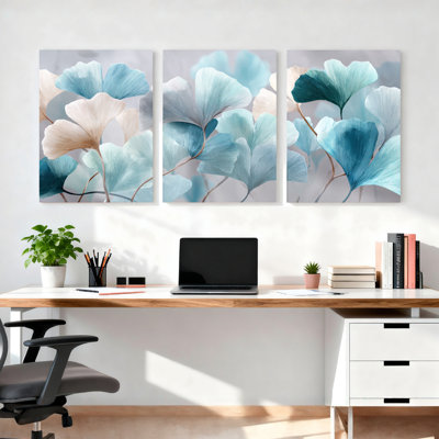 Abstract Ginkgo Leaves Blue and Beige Floral Canvas Wrapped Wall Art