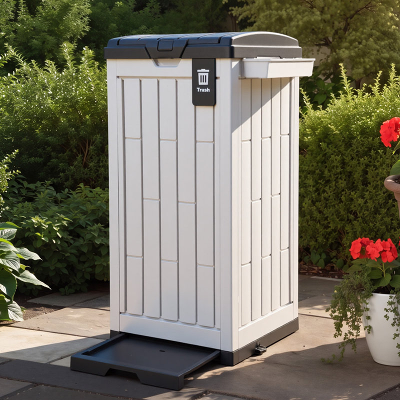 Poubelles extérieures Edrosie Inc en résine de 31 gallons avec couvercles, poubelles de patio noires escamotables, Blanc