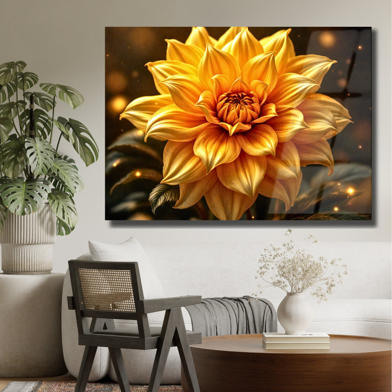 Tableau mural en verre trempé Fleur dorée, H 30 po x l 40 po