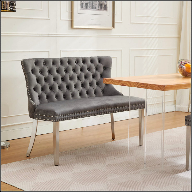 Banc en velours pour causeuse double, sièges de cuisine et de salle à manger, banc capitonné à 2 places avec boutons faits à la main, dossier à oreilles, pieds en acier plaqué, ensemble moderne Mid-Century, paquet simple