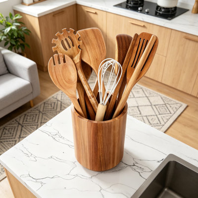Ensemble d'ustensiles de cuisine en bois d'acacia avec support rotatif à 360 degrés - 11 pièces d'outils de cuisson anti-rayures pour batterie de cuisine antiadhésive, spatule, cuillère, pinces, fouet