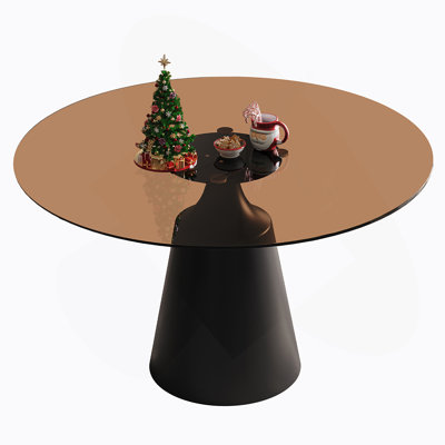 Table de salle à manger ronde de 35 pouces pour les petits espaces, table à piédestal moderne de style Mid-Century avec plateau en verre noir pour la cuisine, le salon, le thé et le café (appartement, style bistro)
