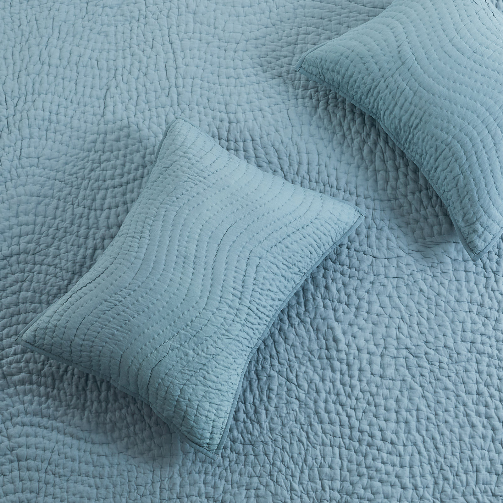 Cotton Wave Hand Stitch Voile Quilt Set, King Quilt + 2 King Shams, Blue