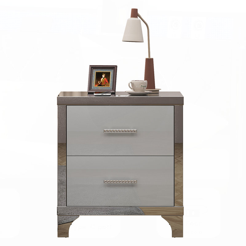 High Gloss Mirrored Nightstand with 2 Drawers, Modern End Table for Compact Spaces and Elegant Bedrooms, Gray