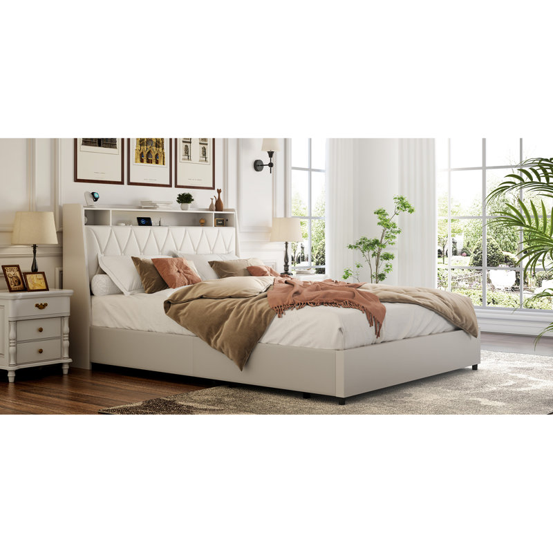 Full Size Bed Frame With Headboard And Storage, Built-In Outlets, No Noise, Box Spring, White Metal Bedroom Furniture Quiet,