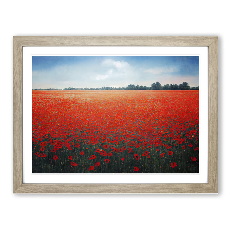 Hewarming Poppy Field Flowers - Single Picture Frame Print, 25cm H x 34cm W x 2cm D, Oak