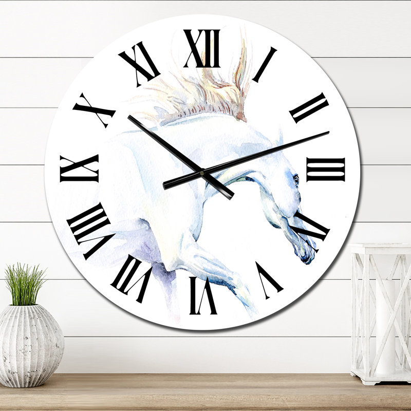Cheval blanc à l'aquarelle - horloge murale traditionnelle, Moyen