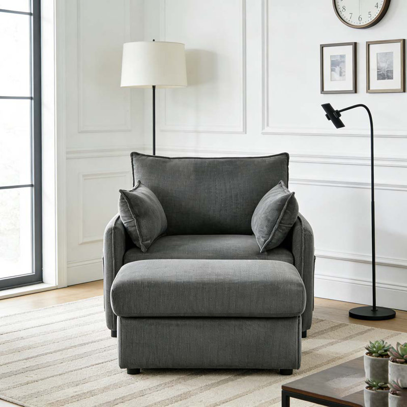55" Oversized Chaise Lounge Chair Indoor with Ottoman and Storage, Grey