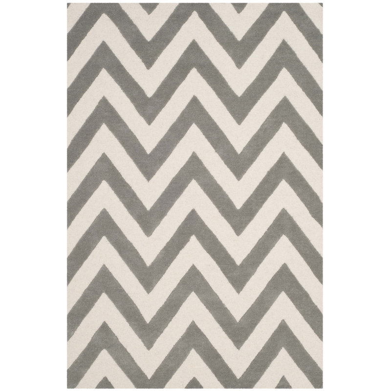 Krystyna Chevron Handmade Tufted Wool Grey/Ivory Area Rug, Rectangle 3' x 5'