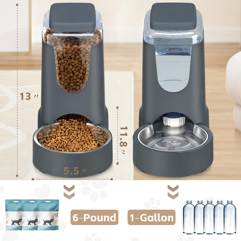 Automatic Gray Pet Feeder and Water Dispenser with Stainless Steel Bowls