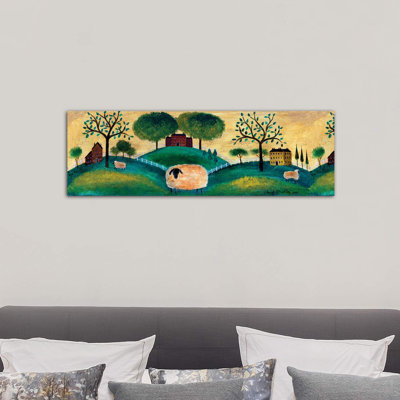 Counyrt Folk Art Sheep Farm Border by Cheryl Bartley - Wrapped Canvas Panoramic Painting