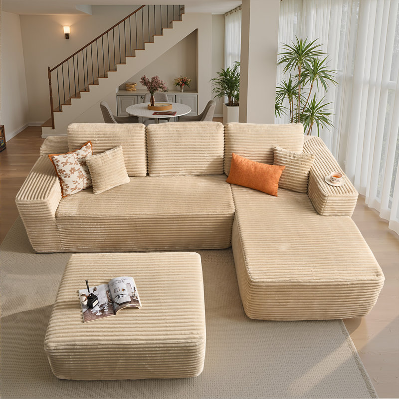 Boneless 106.3" Boneless Floor L-Shaped Sectional Sofa With Ottoman, No-Assembly Cloud Couch For Modern Living Spaces