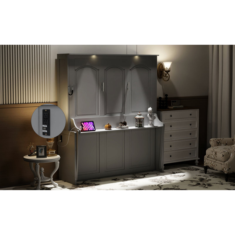 Grand lit avec bureau, lumières à DEL, station de charge - gris, mur peu encombrant pour les petites pièces, design moderne et contreplaqué, éclairage intégré gris facile à assembler, ports, bureau à domicile idéal ou invité
