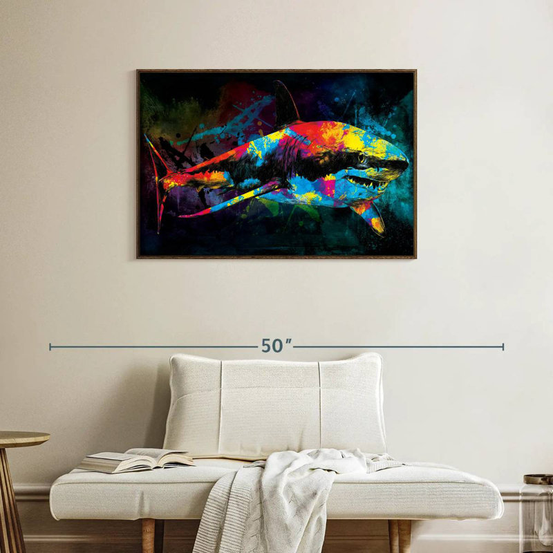 Grand requin blanc couleur grunge, 37 po x 25 po, Cadre flottant noyer