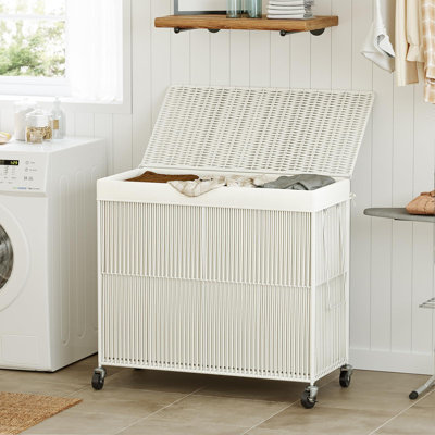 Panier à linge avec roulettes, panier à linge avec sacs de doublure amovibles, panier à linge roulé tissé à la main 3 sections avec couvercle (blanc crème / 160 L)