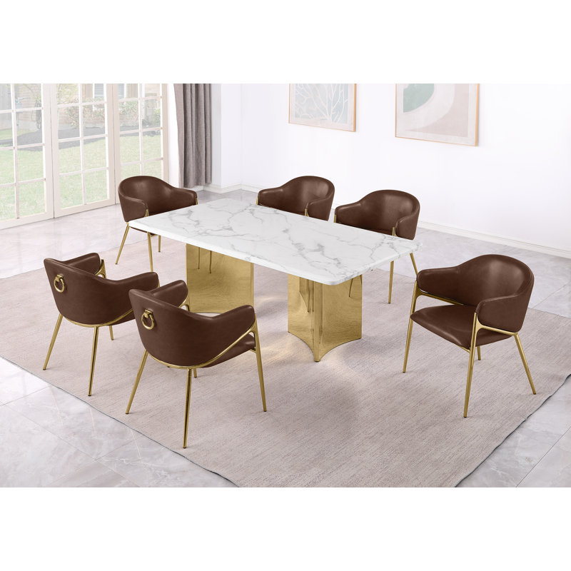 Ensemble de salle à manger en marbre blanc Grand avec chaises d'appoint Leathaire, H 30 po x l 72 po x P 40 po, Moka