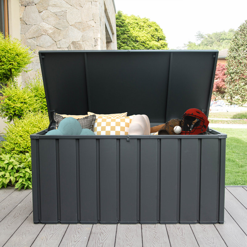 Domi Louvered 120 Gallons Gallon Water Resistant Resin Storage Bench with Lock and Wheels in Gray