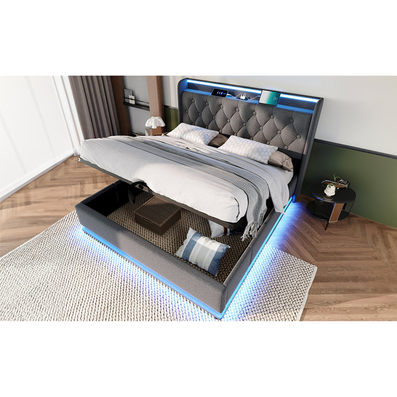 Lit rembourré avec 360 DEL, rangement hydraulique, -c, avec type-c innovant,, Gris, Grand lit