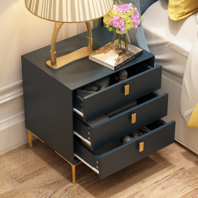 3 - Drawer Nightstand With Metal Legs, Dark Blue
