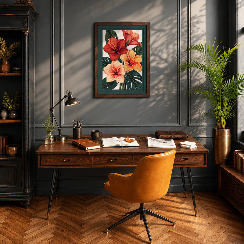 Hibiscus Cluster Botanical - Framed Print, Walnut, A4 - 29.7 x 21.0 cm