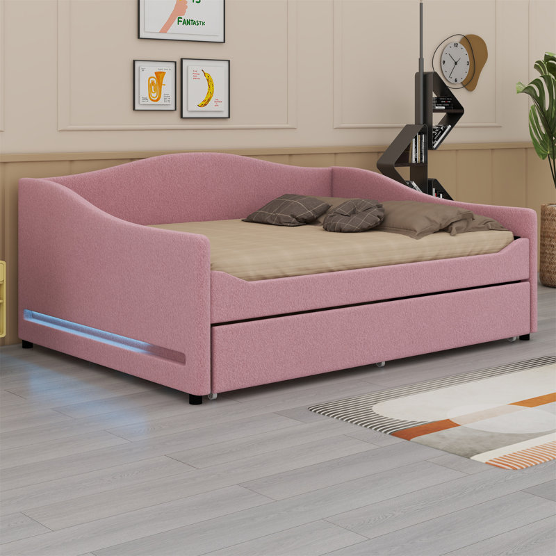 Upholstered Daybed With Light And Trundle, Pink