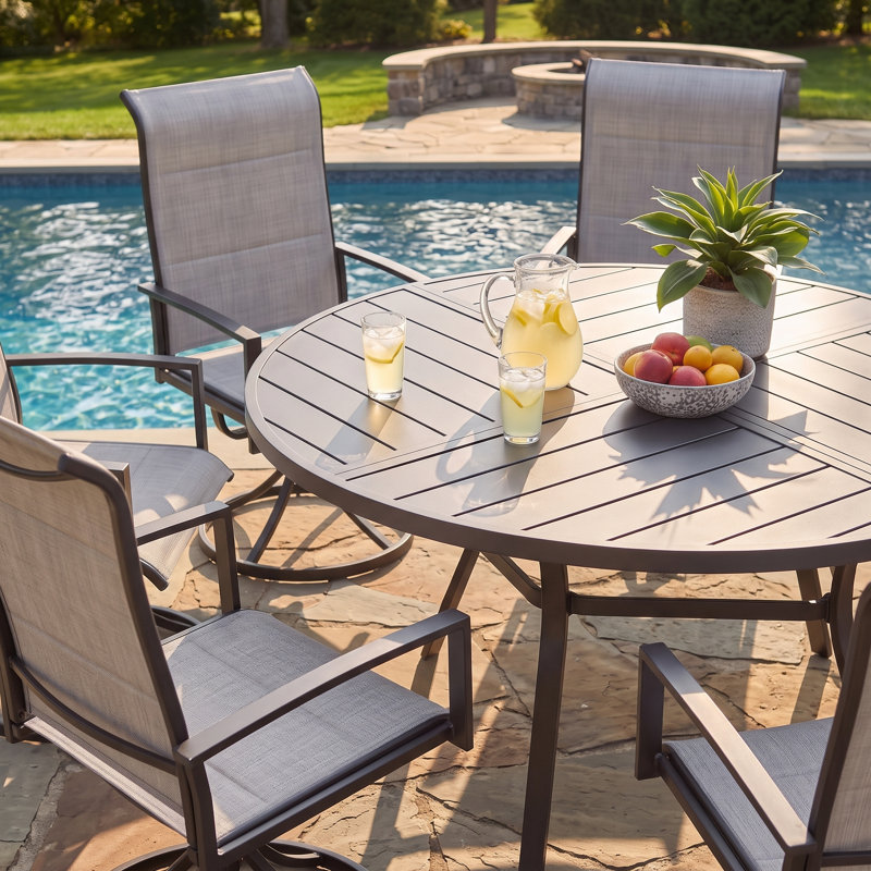 Patio Dining Set with 60" Metal Round Dining Table and 8 Padded PVC-coated polyester Swivel Chairs, Gray