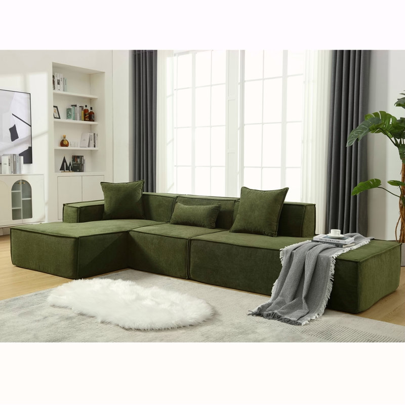 Ensemble de canapé modulaire en L avec installation gratuite, design minimaliste italien, tissu éponge, vert, parfait pour la vie moderne