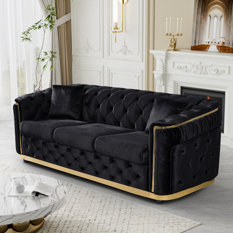  Canapé 85 po en velours Chesterfield, Noir / or