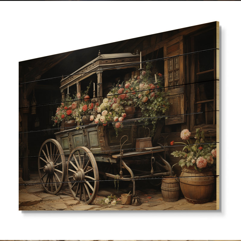 Vieux chariot gris de fleurs II sur bois, H 10 po x l 20 po x P 0,78 po